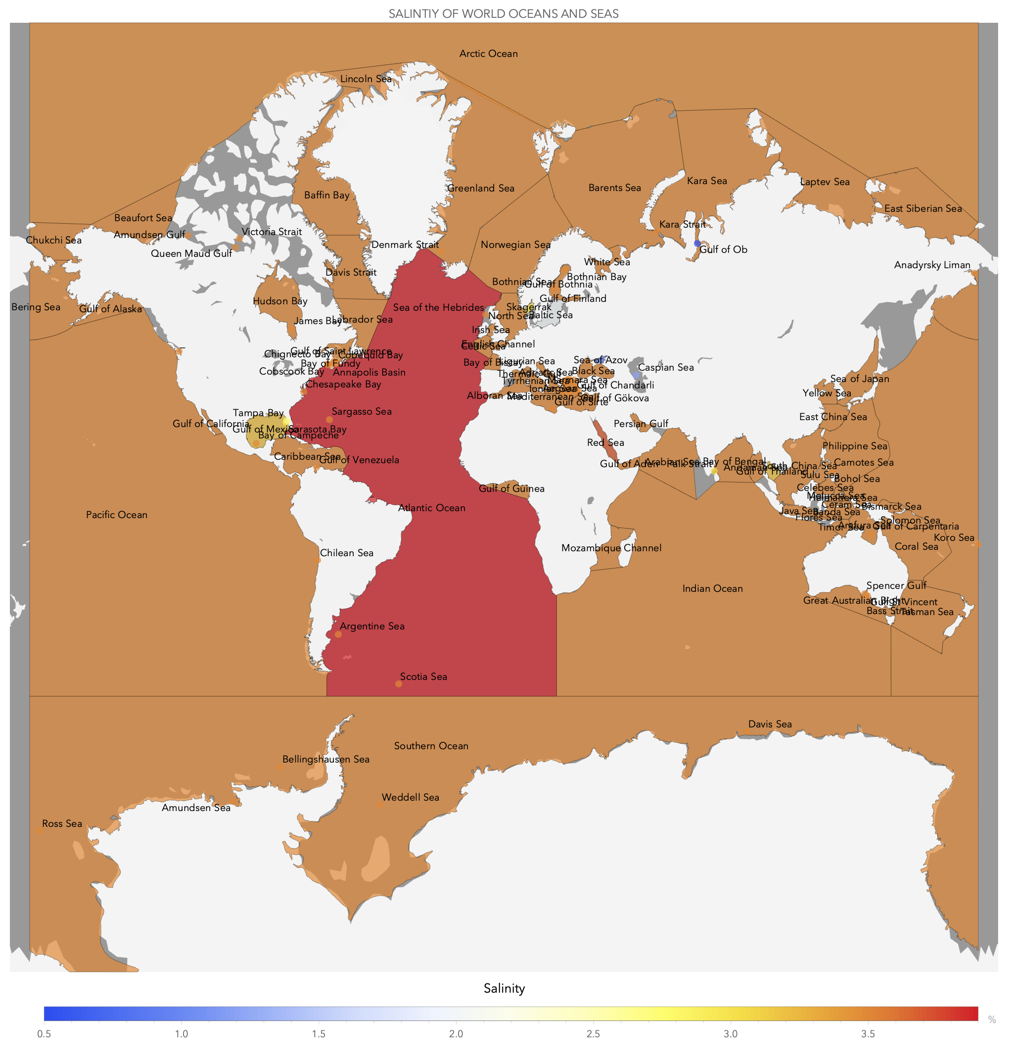 Salinity of water bodies around the world