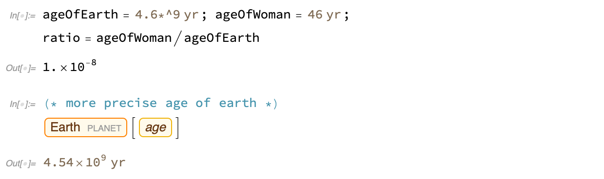 Ratio between the age of woman and earth and age according to Chacko (1e-8), and a more precise age of the earth (4.54e9)